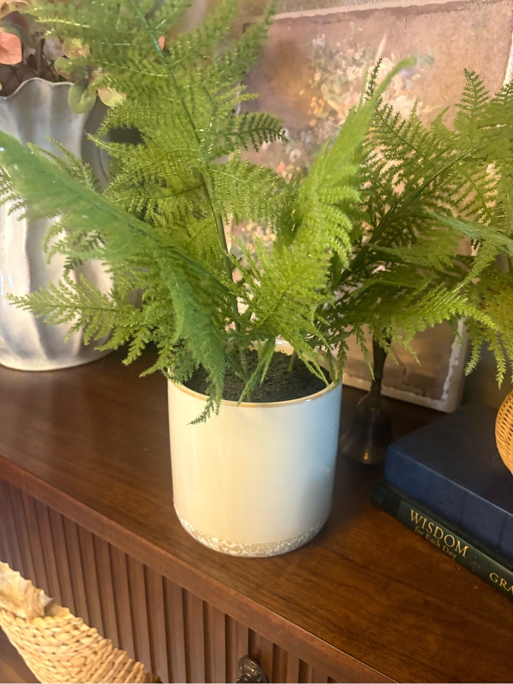 Target Cream Ceramic Planter with Green Faux Fern